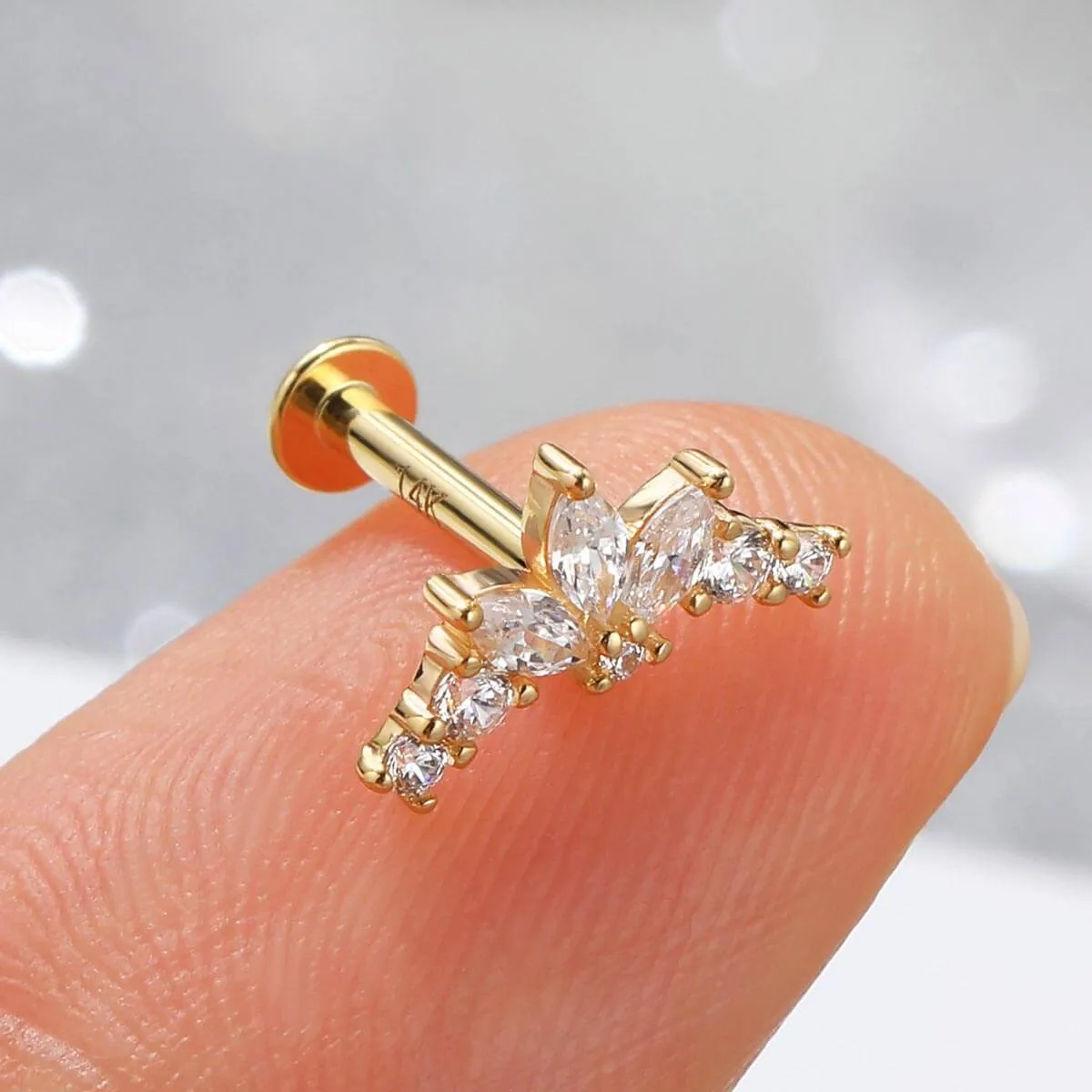 14K Solid Gold 16G Flower Petal CZ Internally Threaded Labret Stud