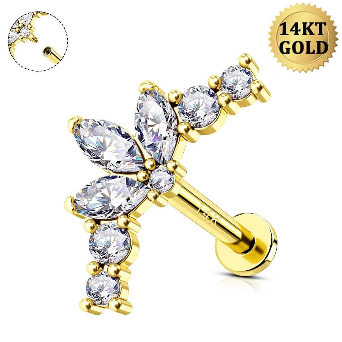 14K Solid Gold 16G Flower Petal CZ Internally Threaded Labret Stud