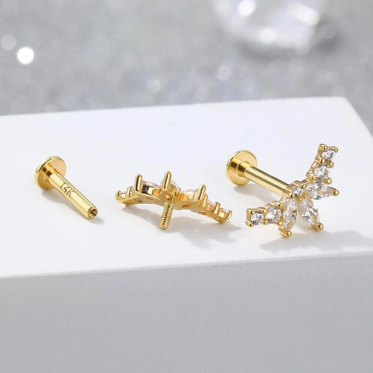 14K Solid Gold 16G Flower Petal CZ Internally Threaded Labret Stud