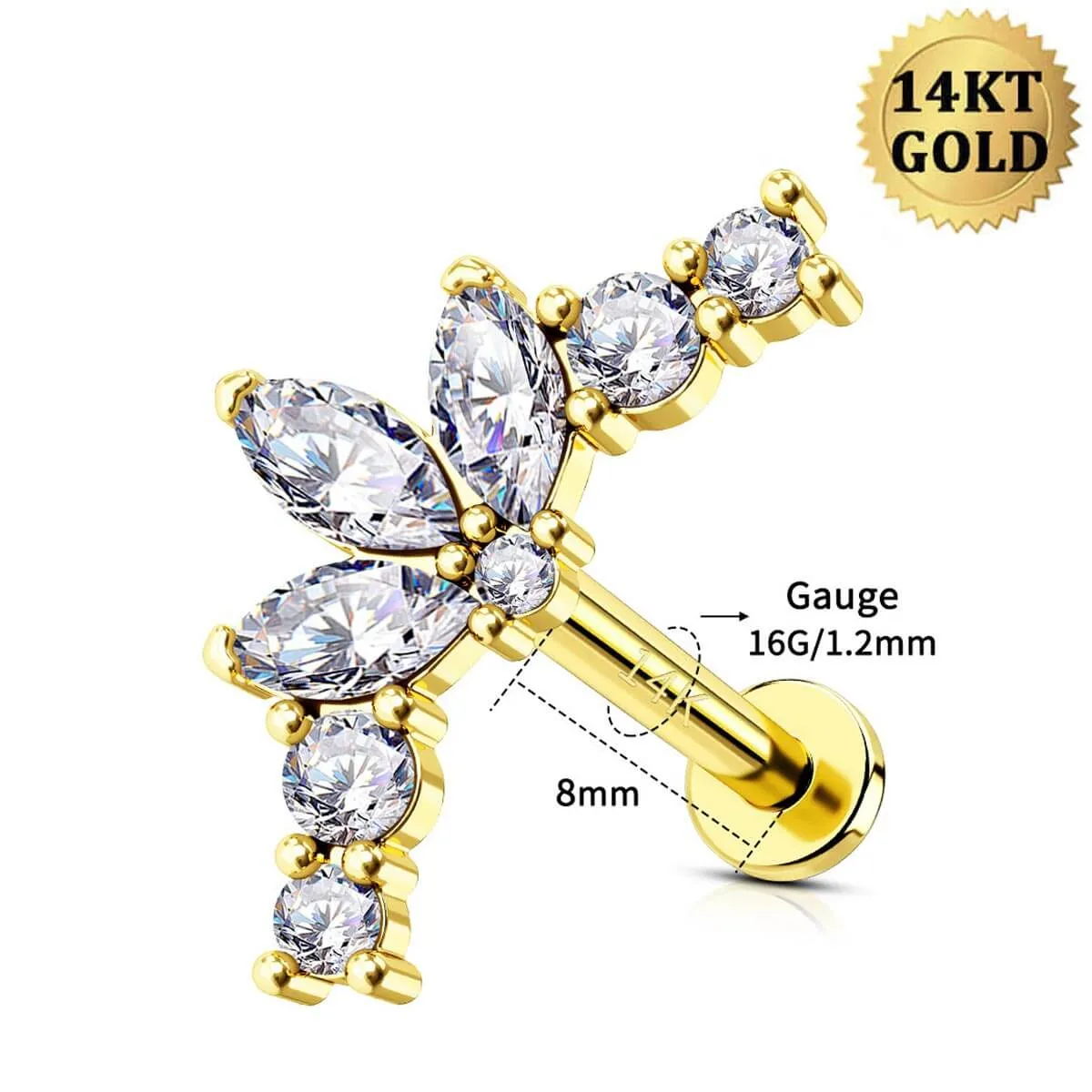 14K Solid Gold 16G Flower Petal CZ Internally Threaded Labret Stud