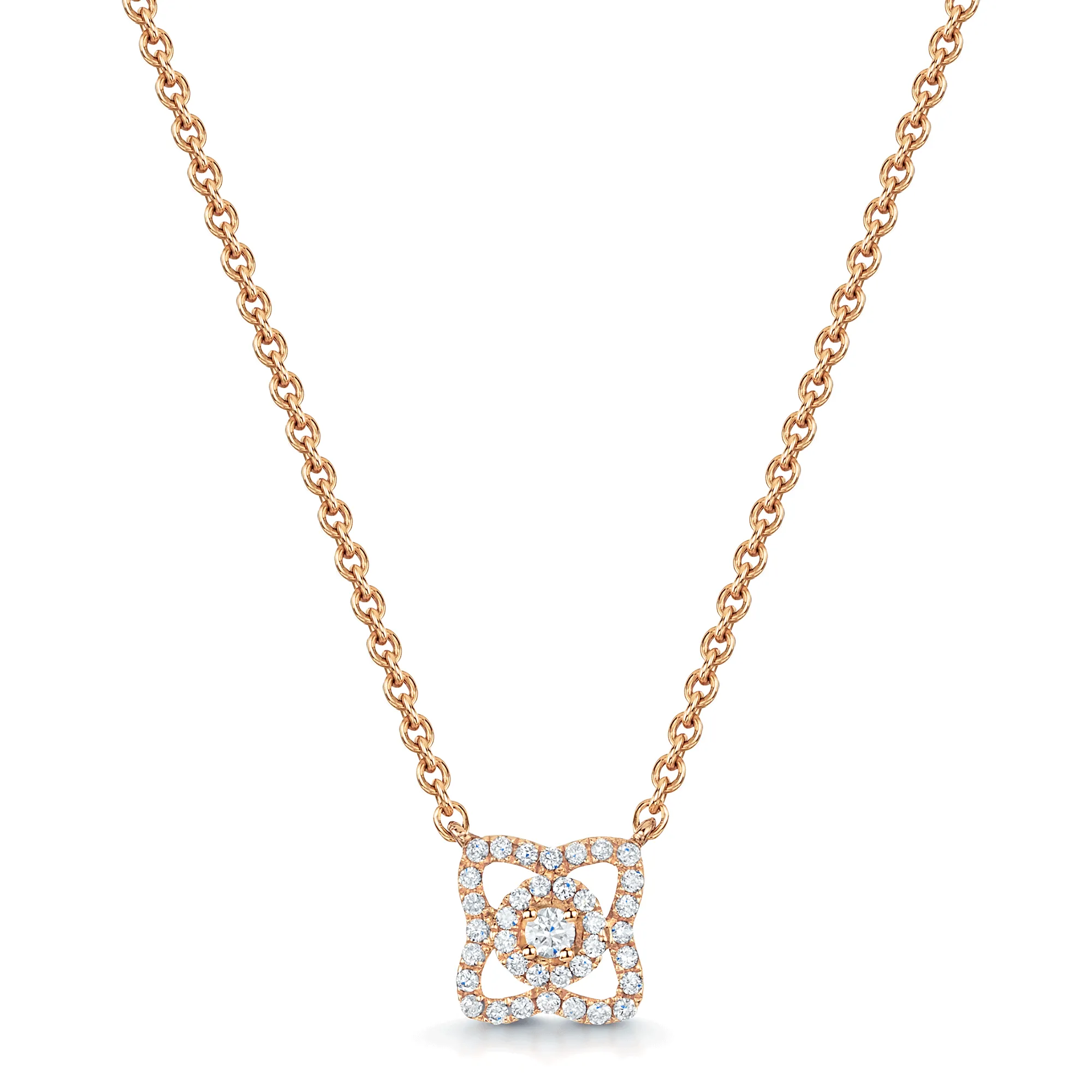 18ct Rose Gold Diamond Set Flower Pendant & Chain