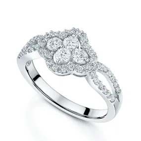 18ct White Gold Diamond Cluster Ring With Diamond Surround And Shoulders