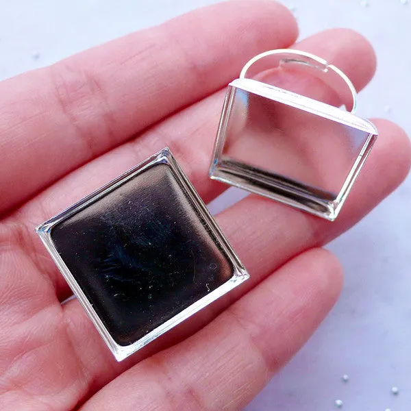 20mm Ring Base with Square Bezel Cup | Adjustable Ring Blank with Square Bezel Setting | Bezel Jewelry Supplies (2 pcs / Silver)