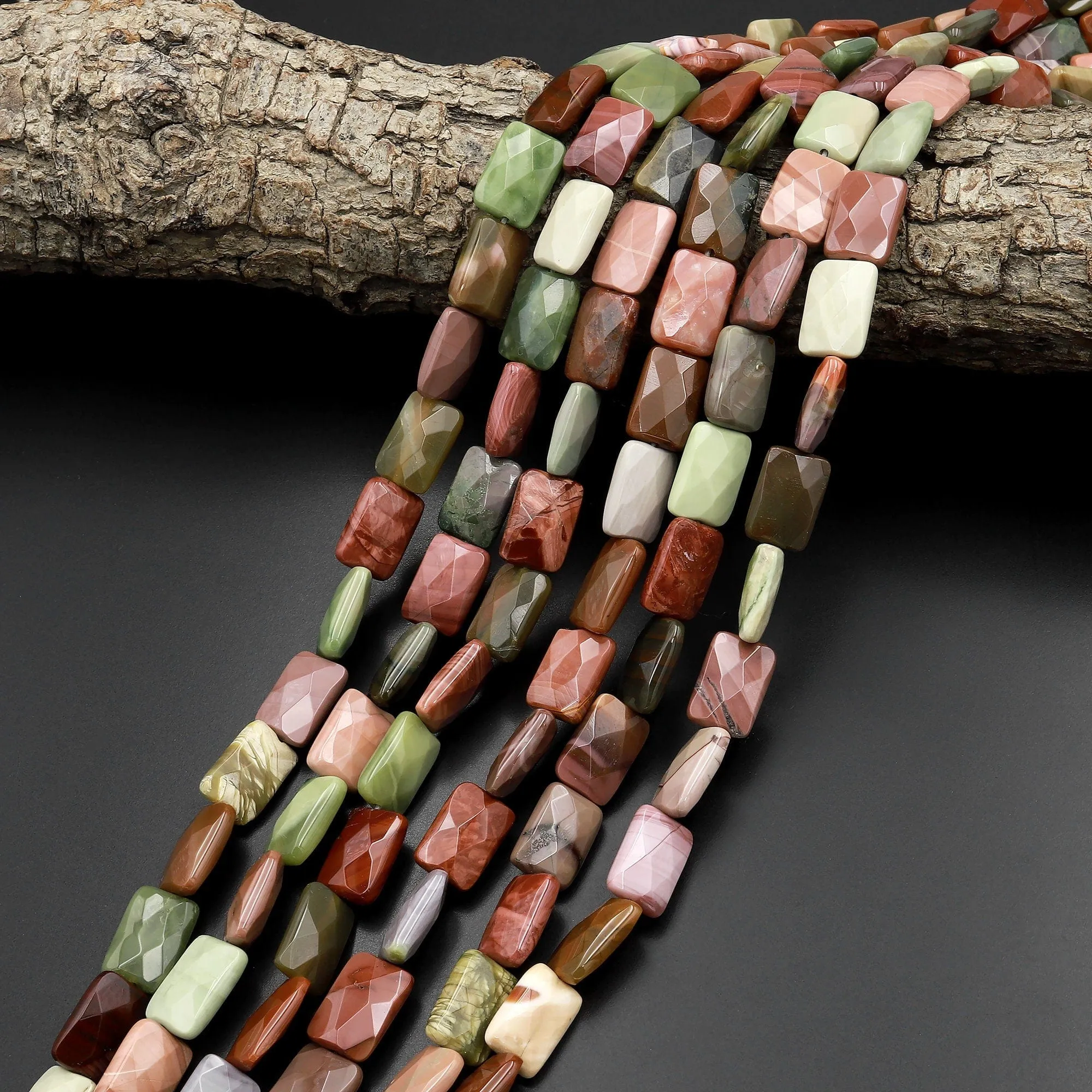 AAA Faceted Natural Mexican Imperial Jasper Flat Rectangle Beads 12mm 15.5" Strand