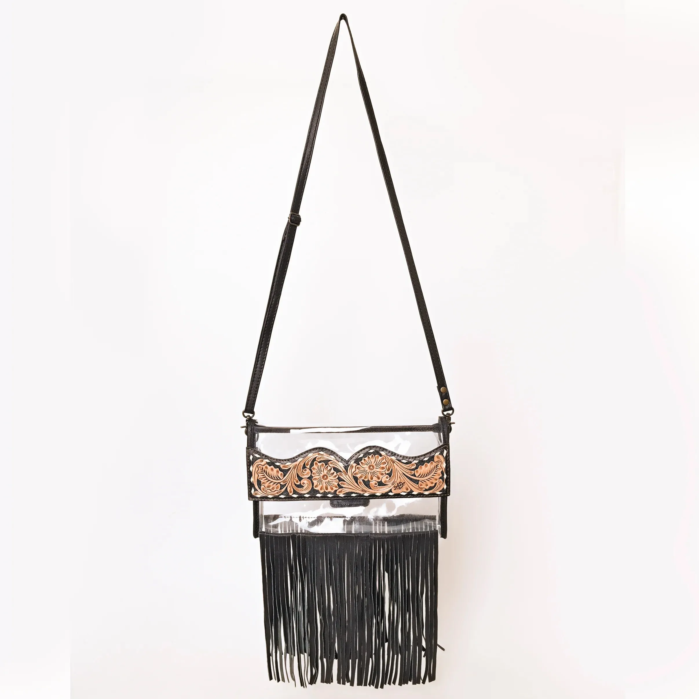 American Darling Fringe & Floral Hand Tooled Leather Clear Crossbody Bag