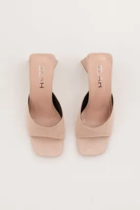 Beige Suede Square Toe High Heeled Mule Sandal