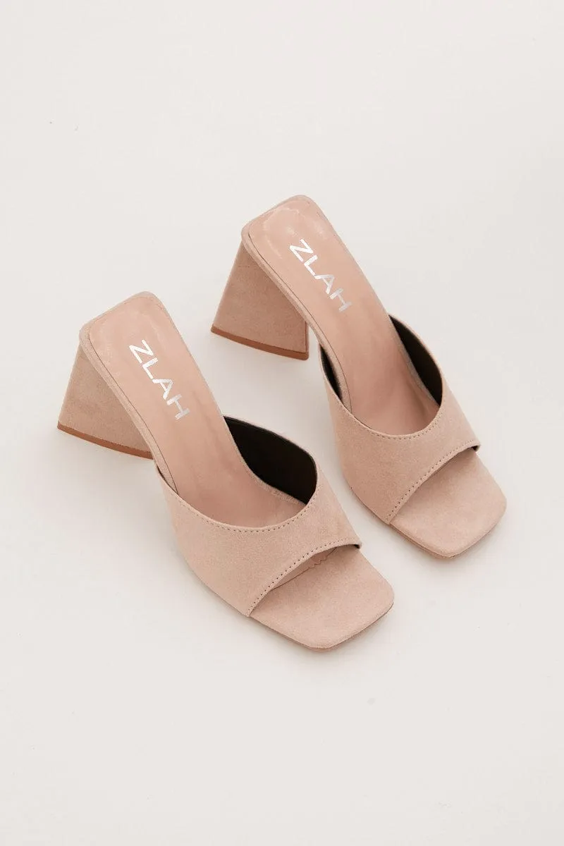 Beige Suede Square Toe High Heeled Mule Sandal