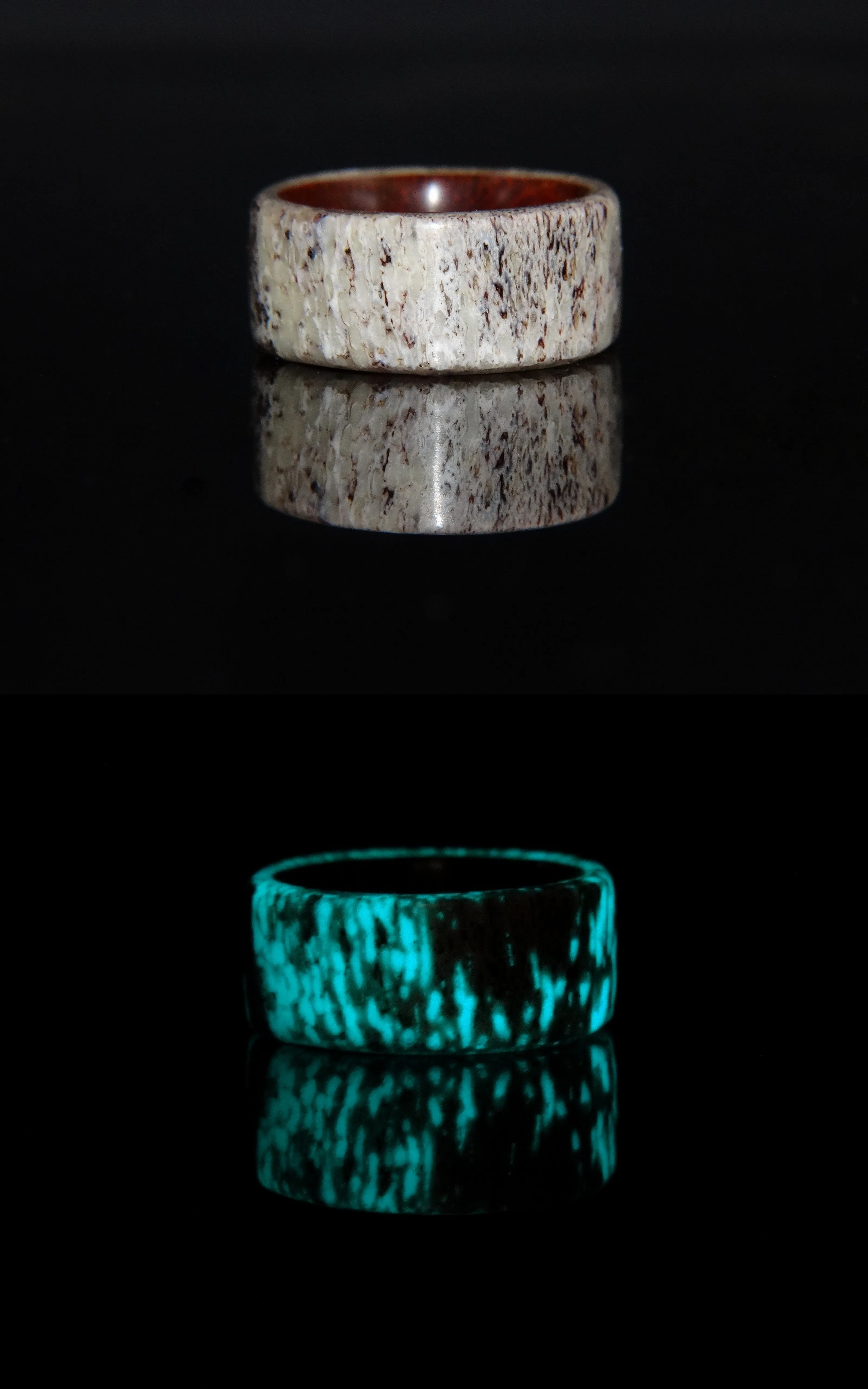 Bentwood Ring -  Aglow Deer Antler on Padauk Wood Core with Phosphorescent Stabilized