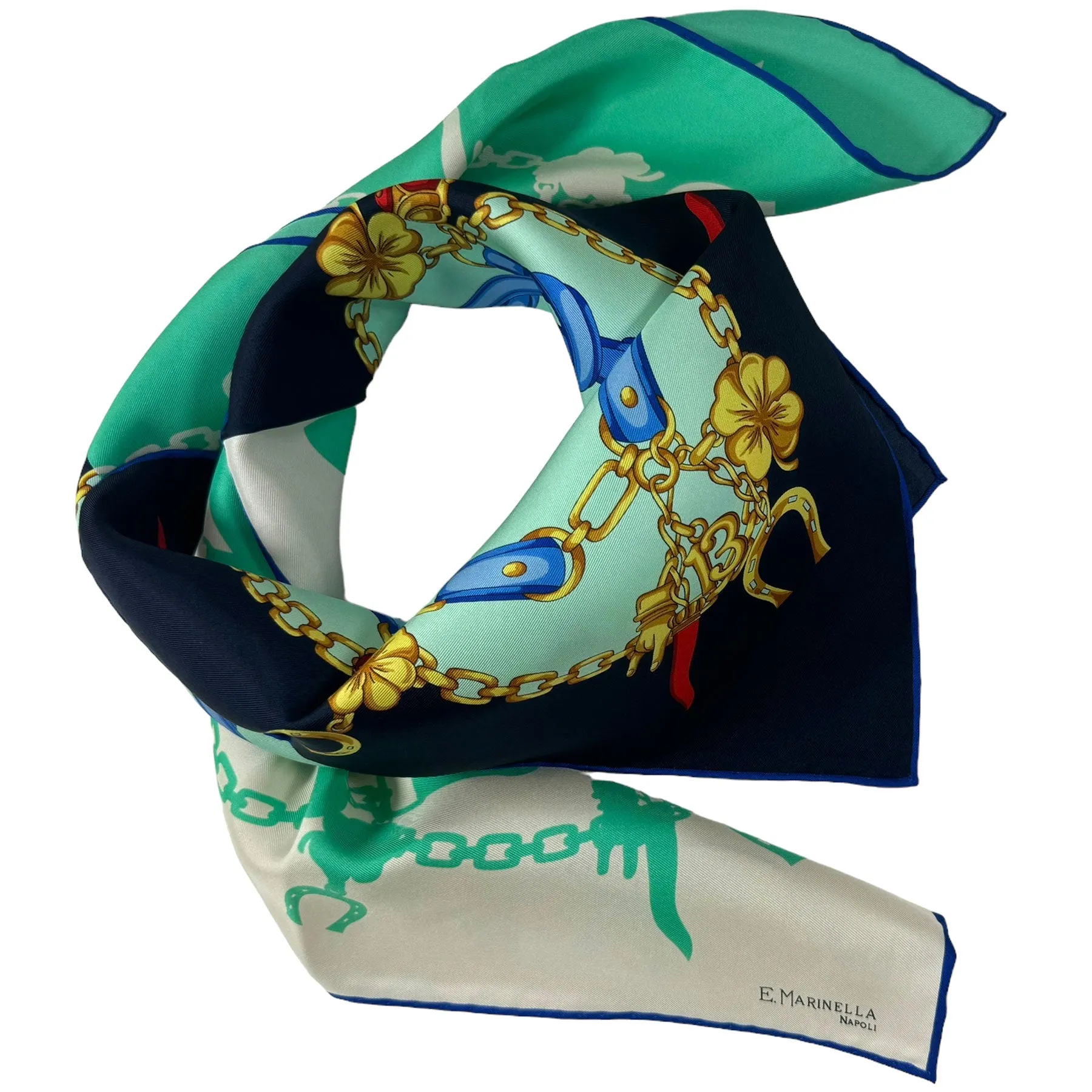 E. Marinella Scarf Dark Blue Turquoise Gold Equestrian Patch - Twill Silk Foulard