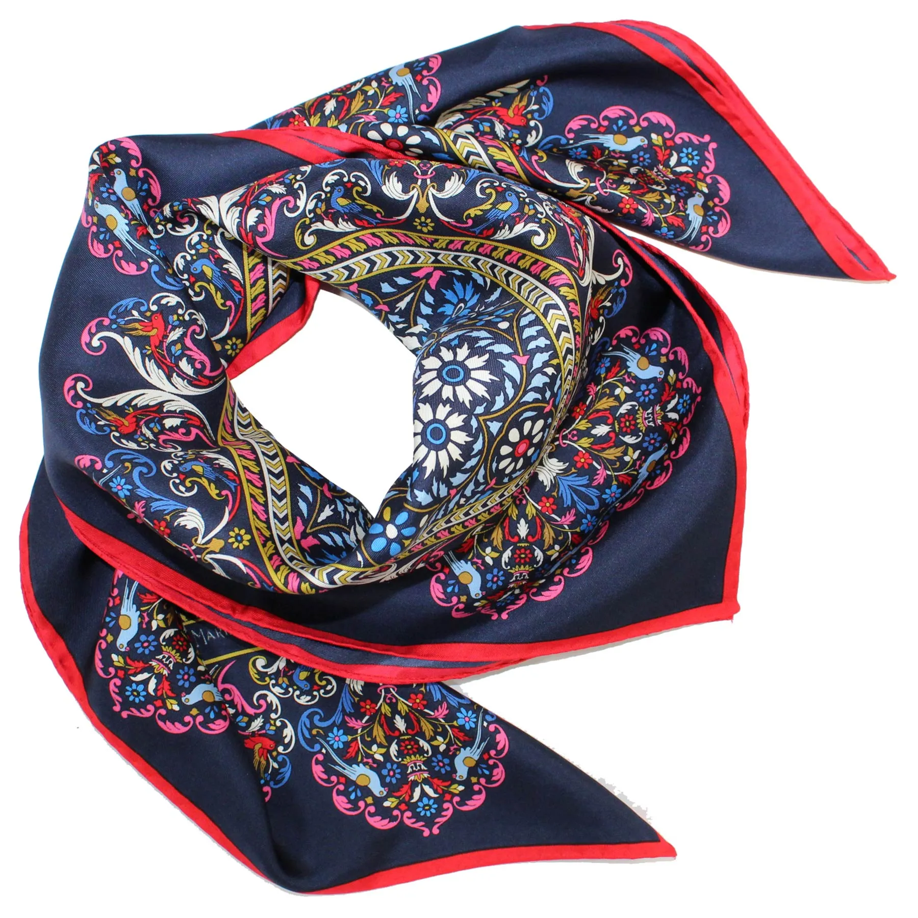 E. Marinella Scarf Navy Red Blue Bird Floral & Floral - Twill Silk Square Foulard