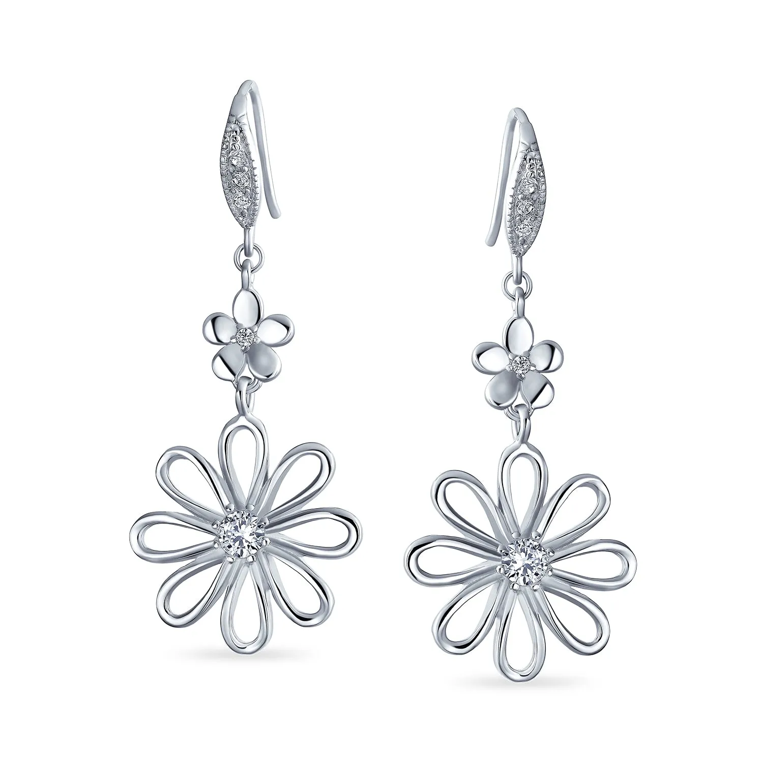 Floral Canary Yellow CZ Accent Flower Shape CZ Daisy Dangle Earrings Silver