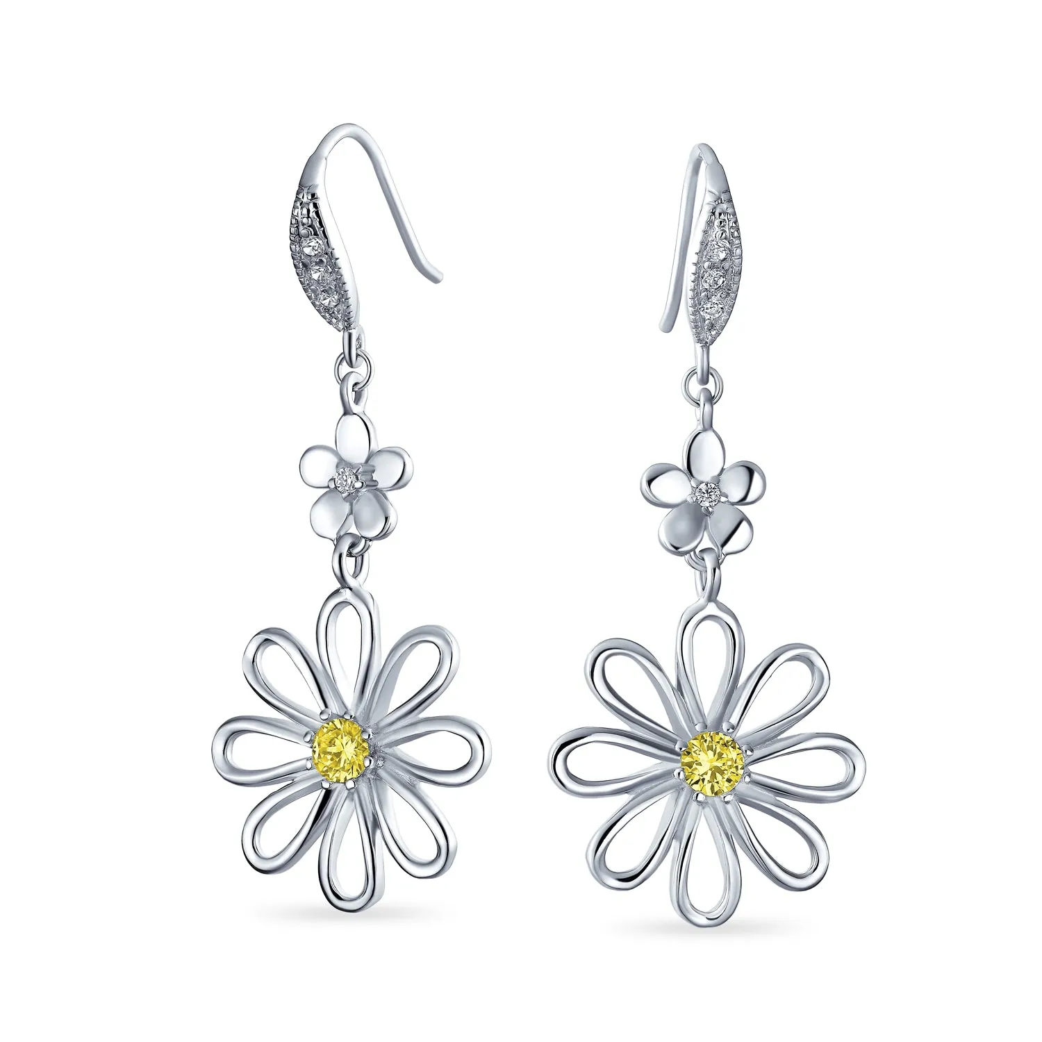 Floral Canary Yellow CZ Accent Flower Shape CZ Daisy Dangle Earrings Silver