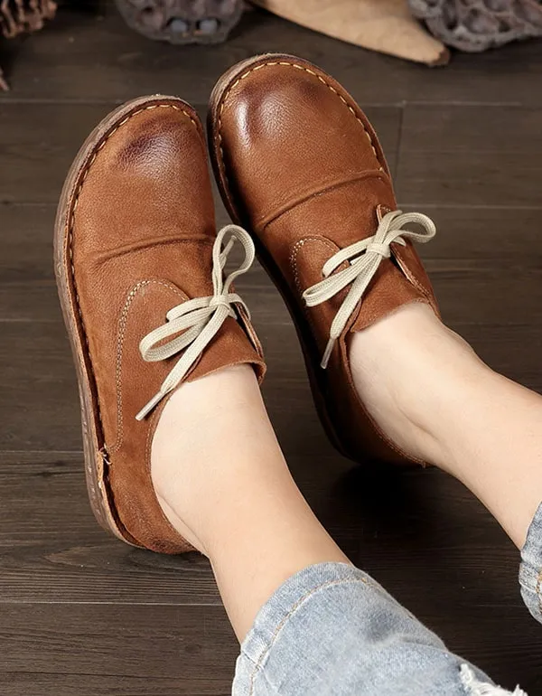 Handmade Leather Lace Up Round Head Flat Shoes