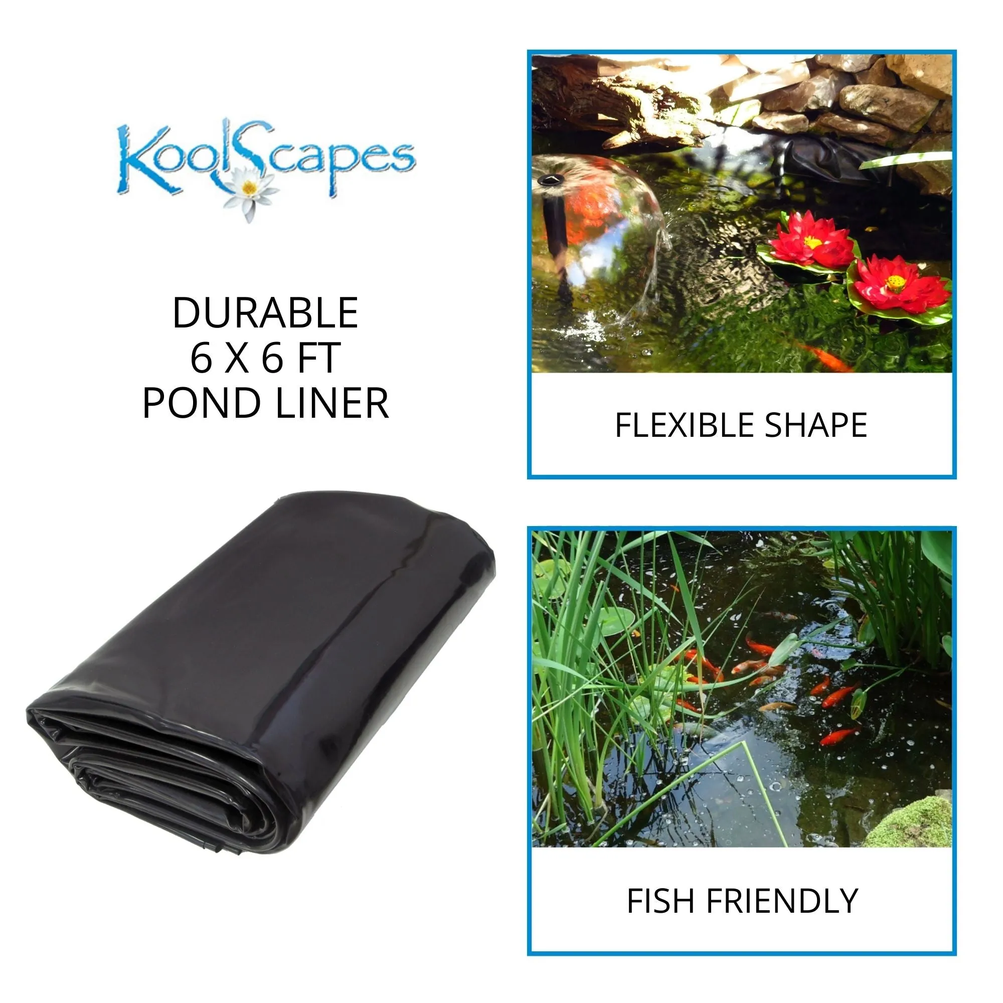 Koolscapes 84 Gallon Starter Pond Kit with 200 GPH Pump, Water Bell and Double Daisy Fountain Nozzles, 6 x 6 Ft Flexible Liner, Fish-Friendly Backyard Koi Pond Kit, Interchangeable Fountainheads