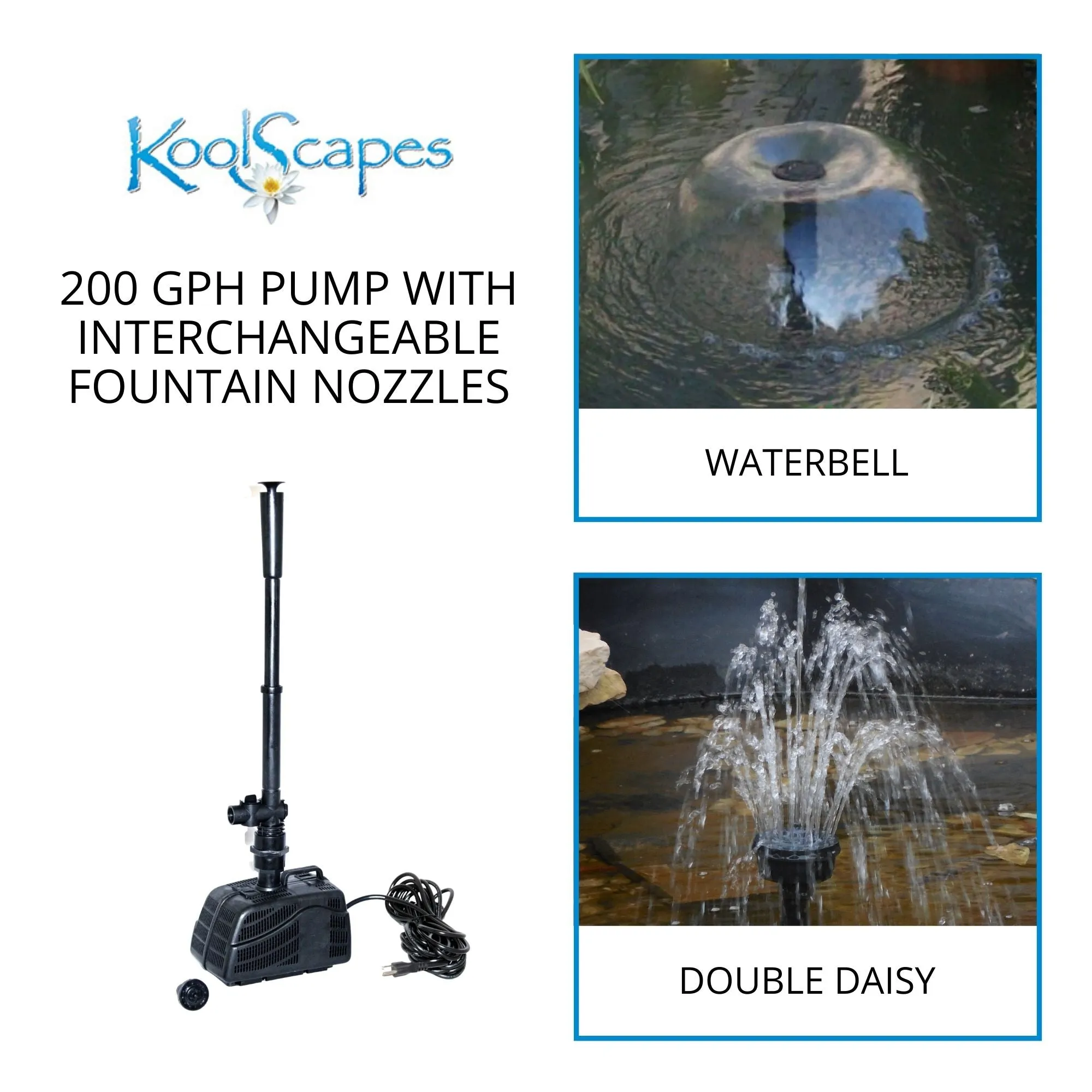 Koolscapes 84 Gallon Starter Pond Kit with 200 GPH Pump, Water Bell and Double Daisy Fountain Nozzles, 6 x 6 Ft Flexible Liner, Fish-Friendly Backyard Koi Pond Kit, Interchangeable Fountainheads