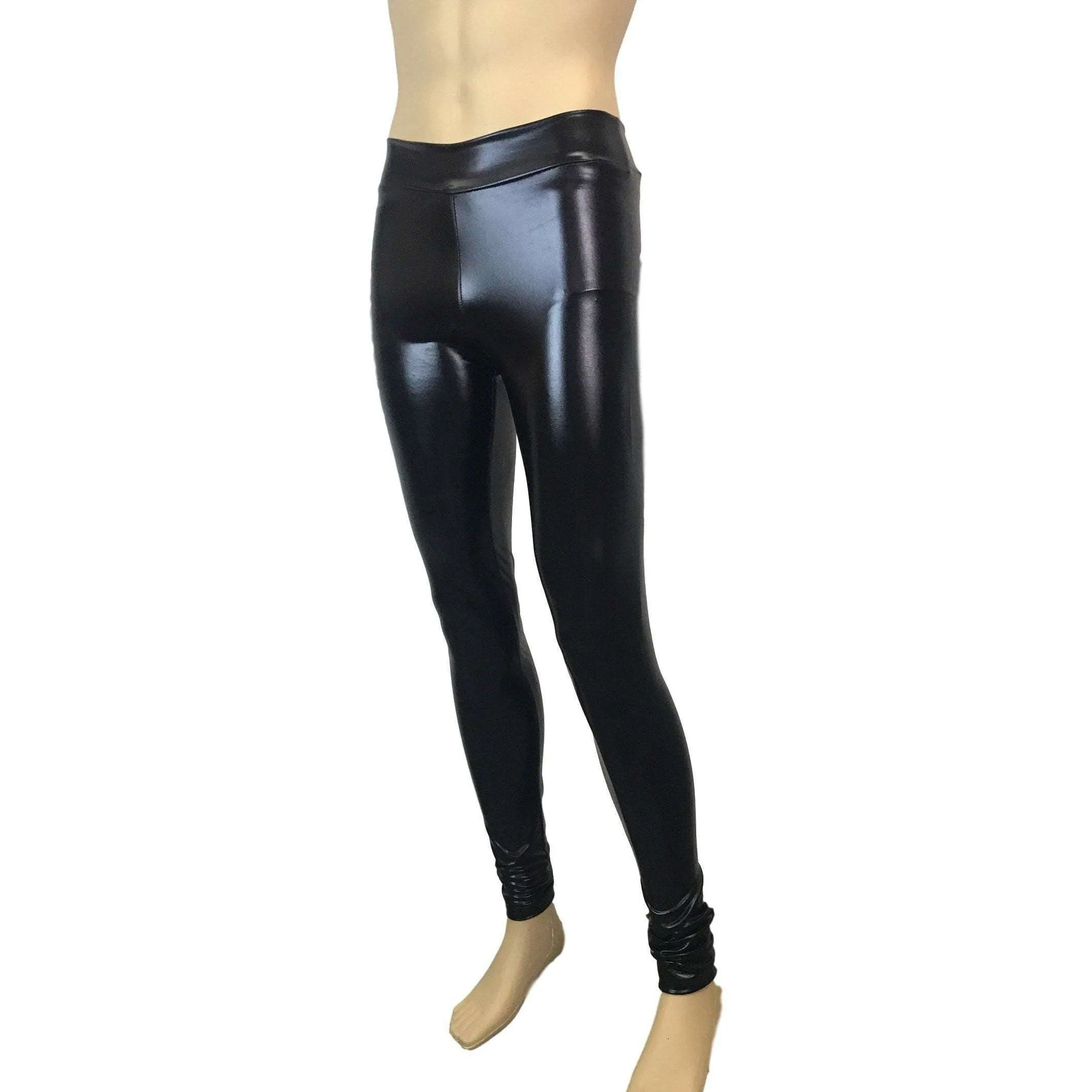 Men's Metallic "Wet-Look" Black Faux-Leather Leggings, Meggings