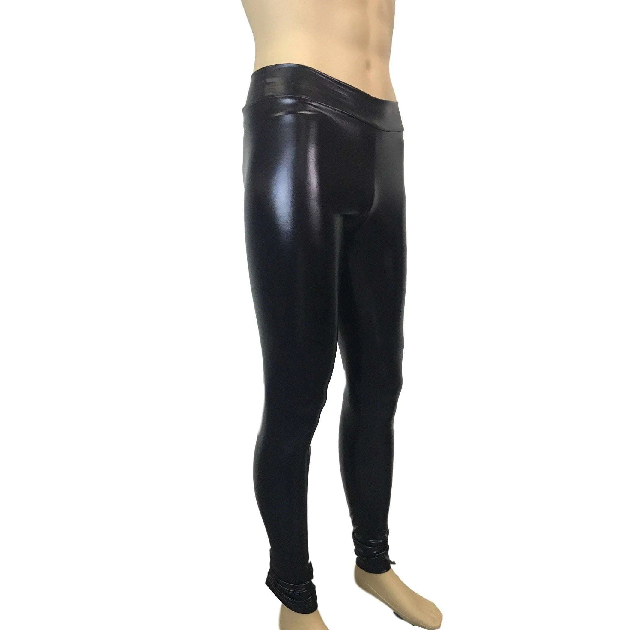 Men's Metallic "Wet-Look" Black Faux-Leather Leggings, Meggings