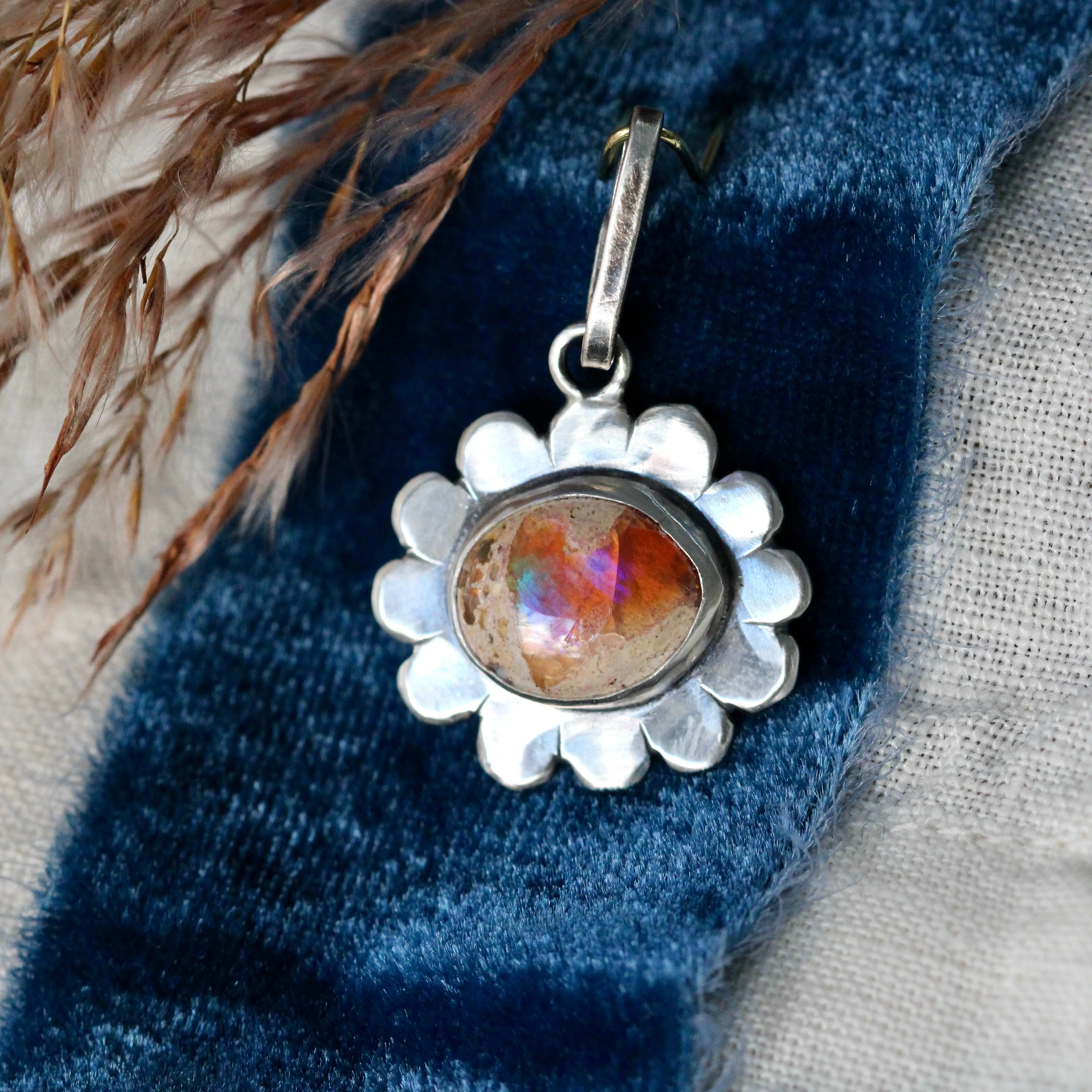 Mexican Fire opal Sterling silver Flower charm