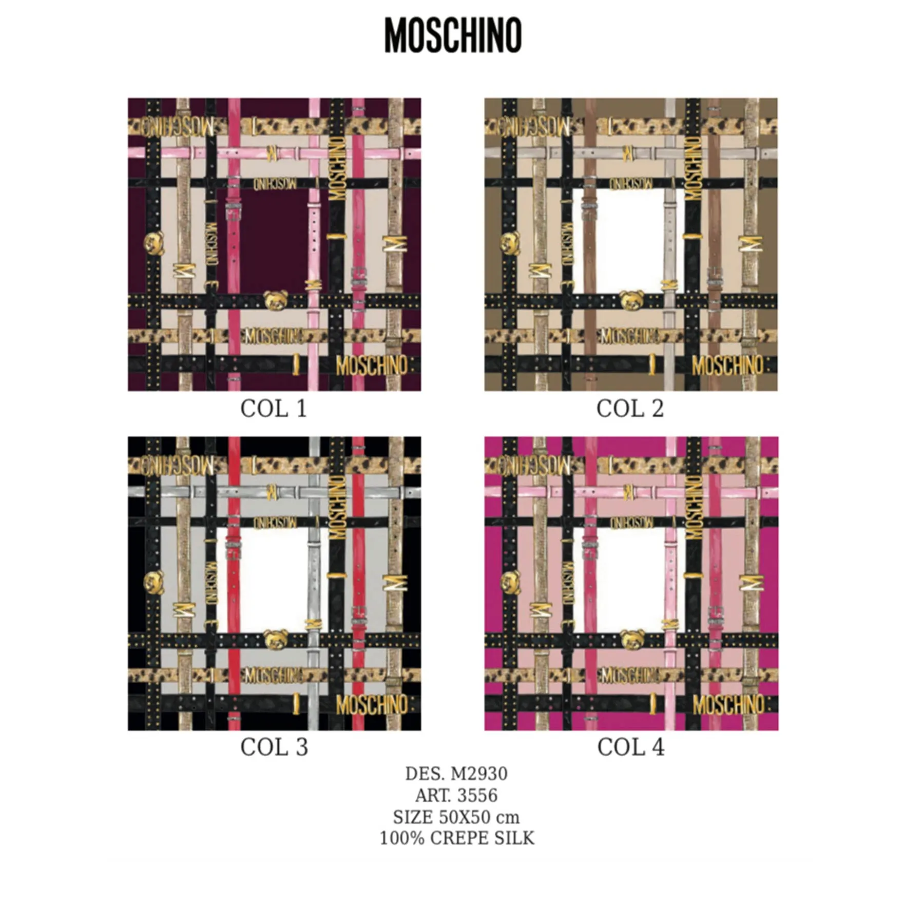 Moschino Small Scarf Pink Belts With Gold MOSCHINO Design Crepe Silk FINAL SALE