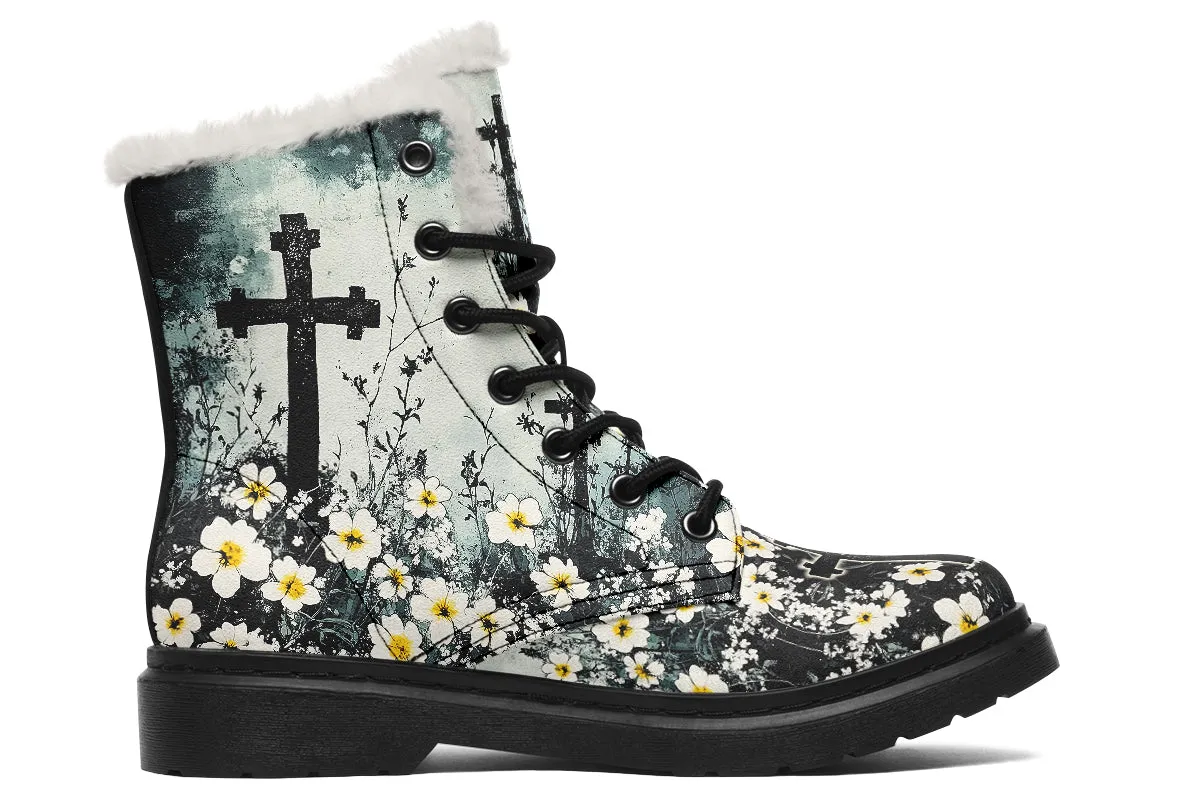 Mourning Petals Winter Boots - Warm Micro-Suede Doc-Style Boots Lined with Vegan Wool