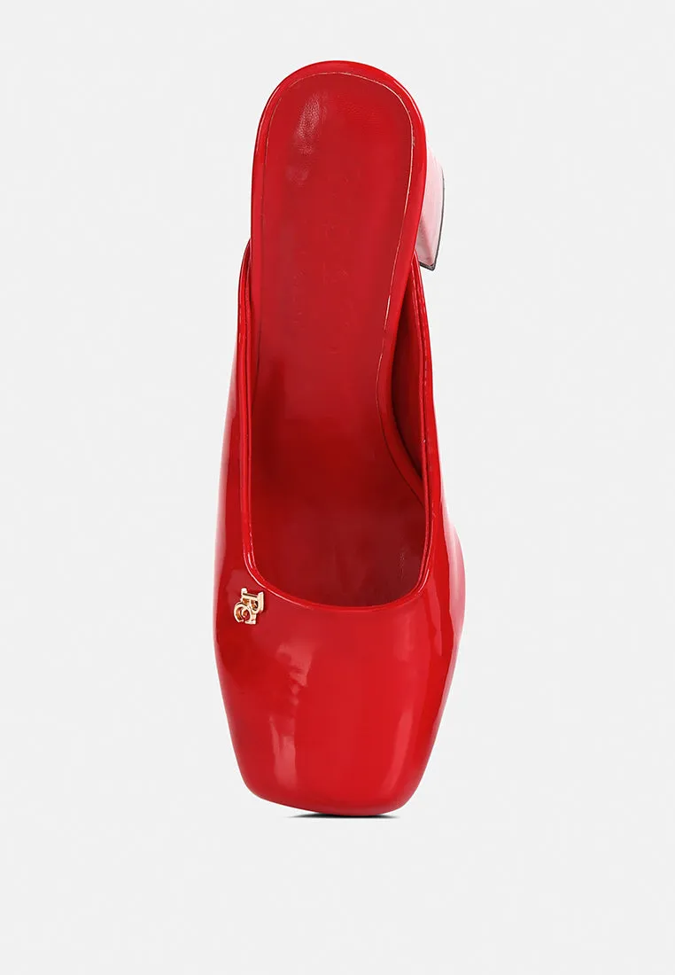 NEOPLAST Red Patent PU Block Heeled Mules