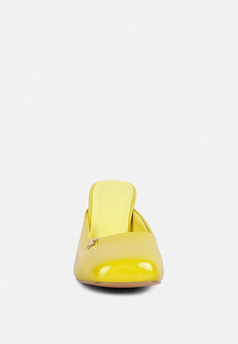 NEOPLAST Yellow Patent PU Block Heeled Mules