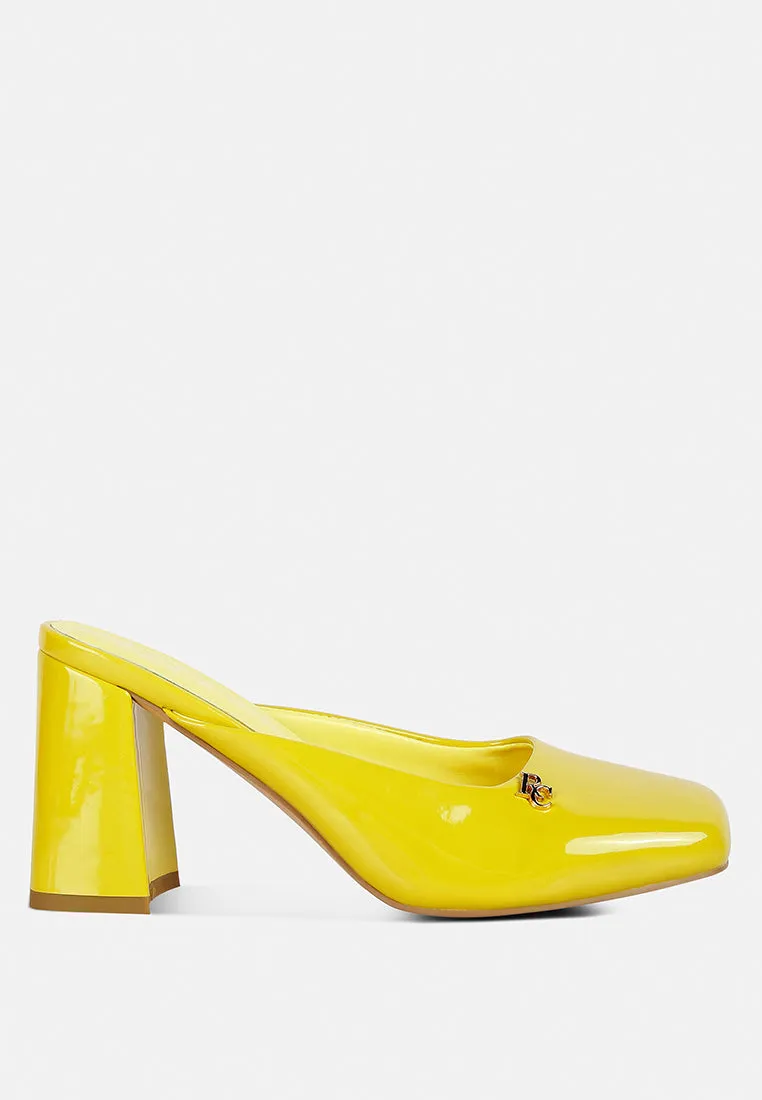 NEOPLAST Yellow Patent PU Block Heeled Mules