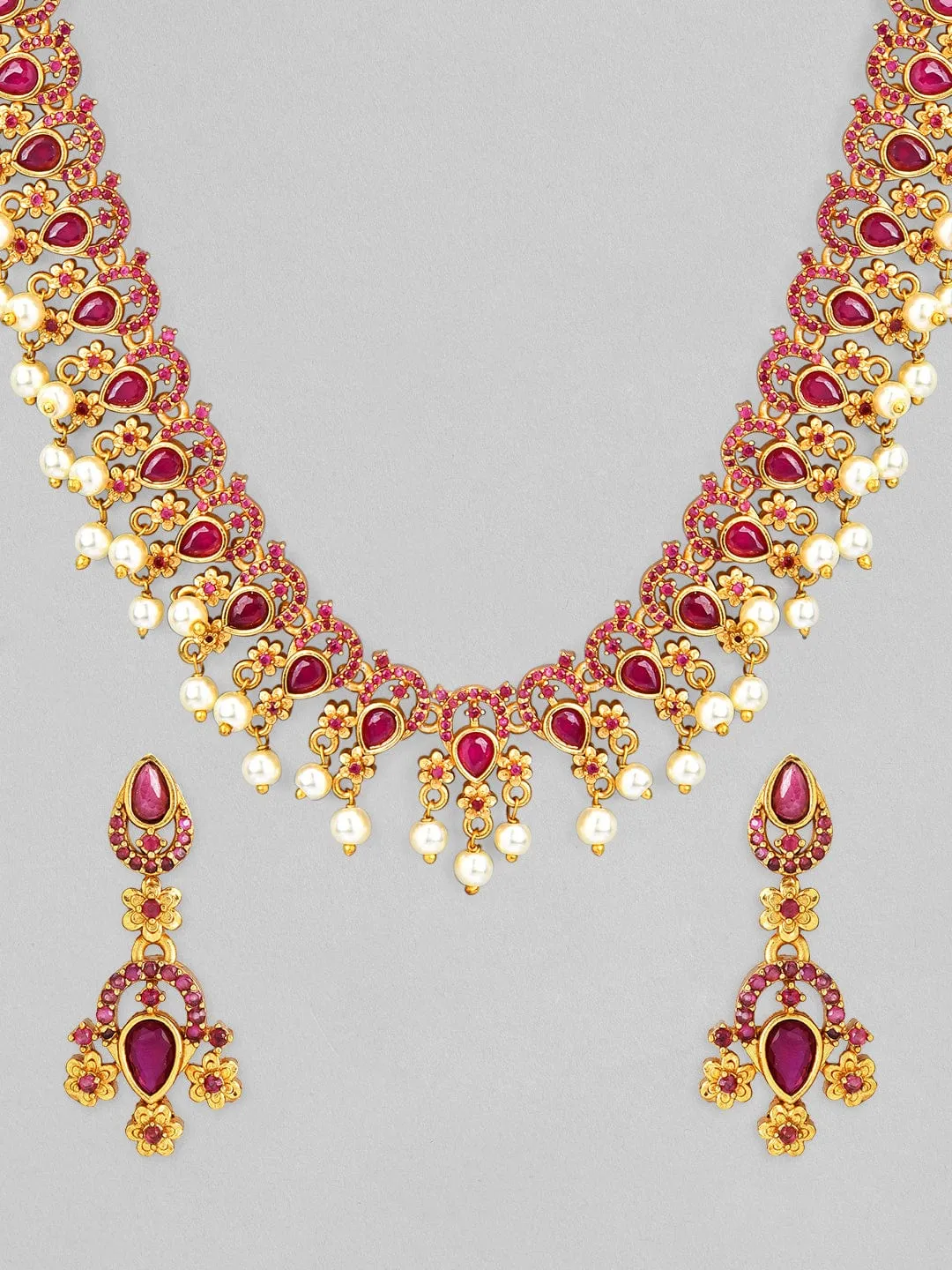 Rubans 24K Gold Plated Ruby Studded & Pearl Beaded Necklace Set