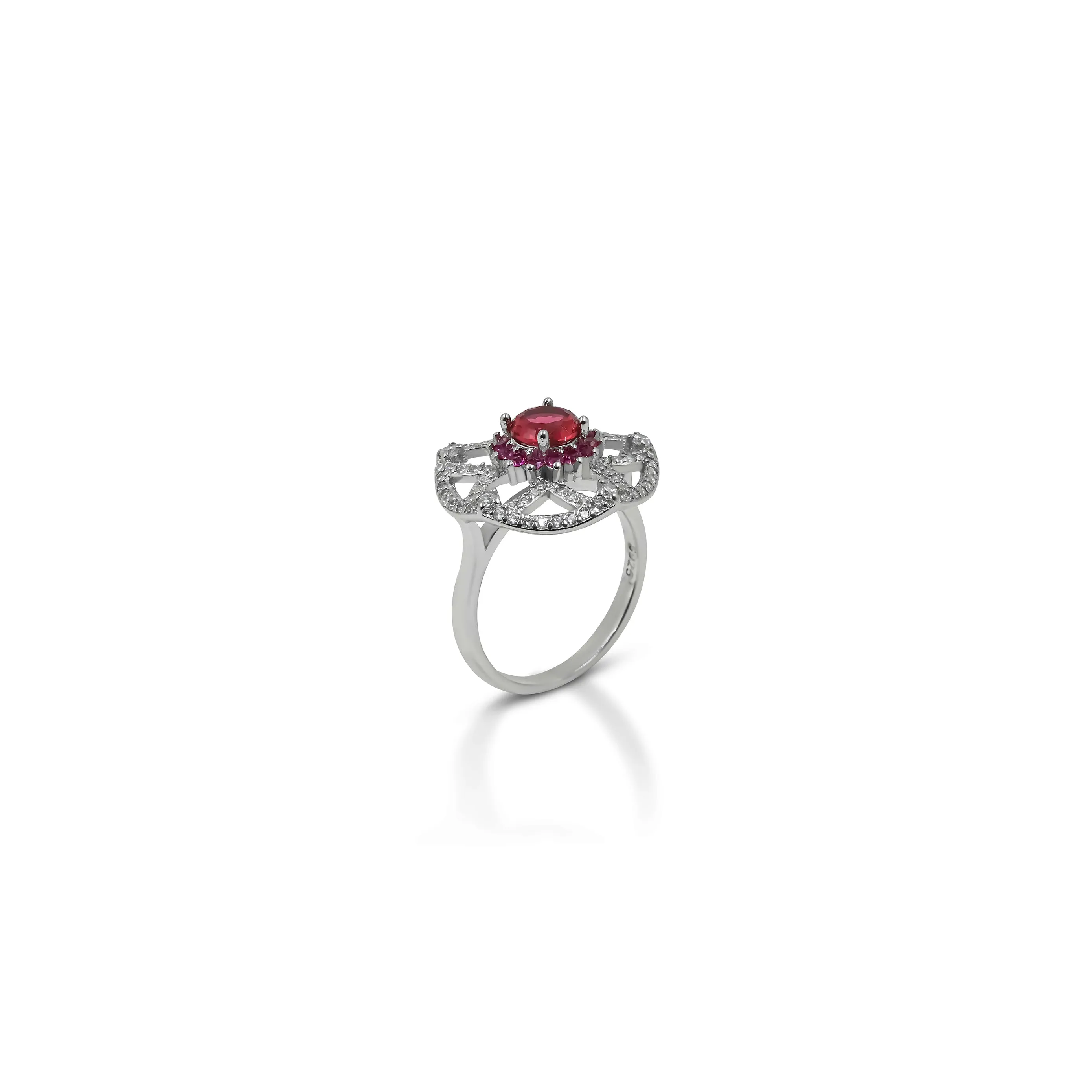 Silver Center Heart Shape Cut Red Gem Stone with Flower Design Ring for Girls