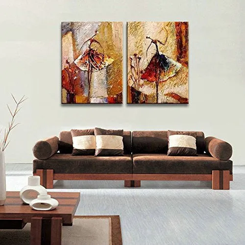 WIECO ART - BALLET DANCERS 2 PIECE MODERN DECORATIVE ARTWORK 100% HAND PAINTED CONTEMPORARY ABSTRACT OIL PAINTINGS ON CANVAS WALL ART READY TO HANG FOR HOME DECORATION WALL DECOR