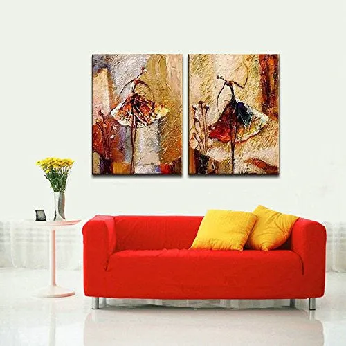 WIECO ART - BALLET DANCERS 2 PIECE MODERN DECORATIVE ARTWORK 100% HAND PAINTED CONTEMPORARY ABSTRACT OIL PAINTINGS ON CANVAS WALL ART READY TO HANG FOR HOME DECORATION WALL DECOR