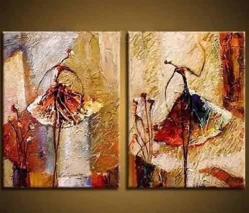 WIECO ART - BALLET DANCERS 2 PIECE MODERN DECORATIVE ARTWORK 100% HAND PAINTED CONTEMPORARY ABSTRACT OIL PAINTINGS ON CANVAS WALL ART READY TO HANG FOR HOME DECORATION WALL DECOR