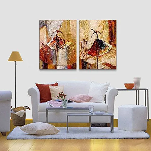 WIECO ART - BALLET DANCERS 2 PIECE MODERN DECORATIVE ARTWORK 100% HAND PAINTED CONTEMPORARY ABSTRACT OIL PAINTINGS ON CANVAS WALL ART READY TO HANG FOR HOME DECORATION WALL DECOR